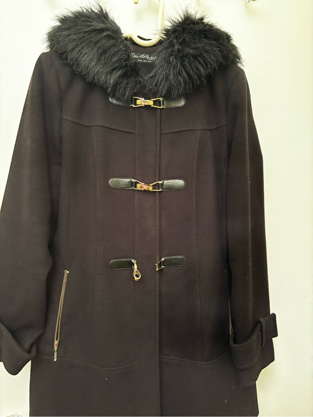 Miss Selfridge Black Toggle Pea Coat with Faux-Fur Collar